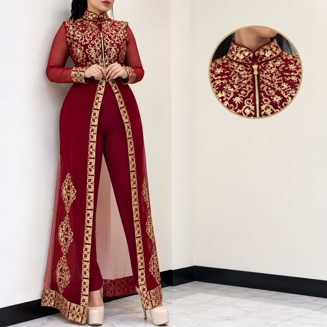 Burgundy & Gold Embroidered 2-Piece Jumpsuit Burgundy & Gold Embroidered 2-Piece Jumpsuit